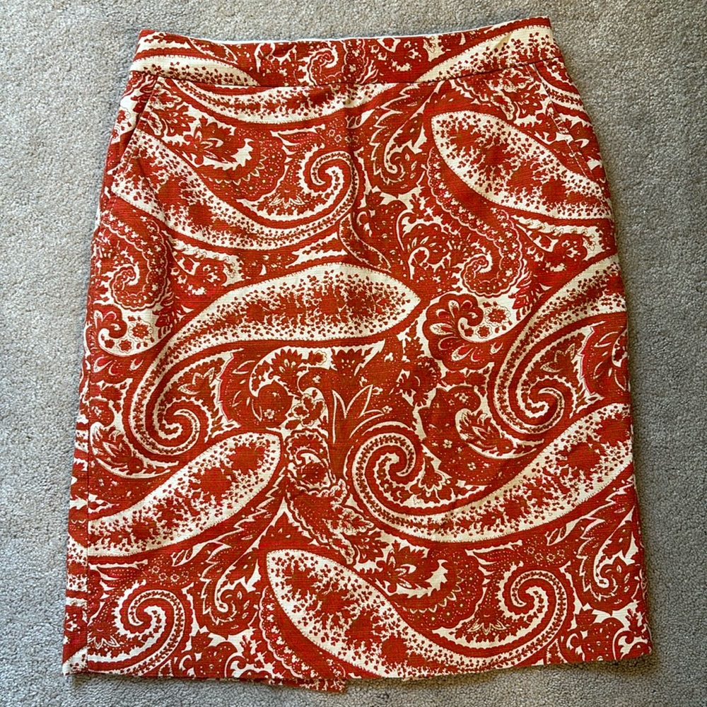 J. Crew Paisley Orange and Cream Pencil Skirt